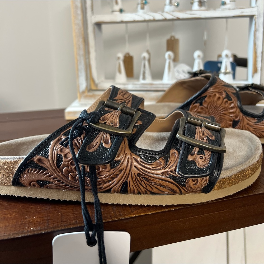 New Summer Myra Bag Handmade Tooled Genuine Leather Spring Sandals Black Brown - Picture 2 of 15